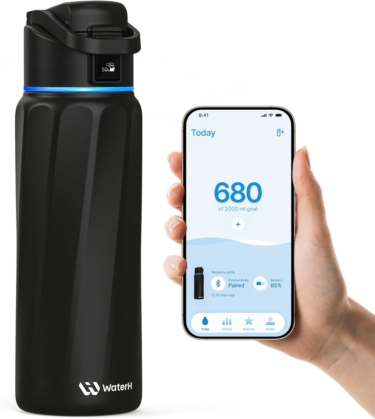 WaterH BOOST Water Tracker Bottle, Smart Water Bottle, Smart Water Bottles to Keep you Hydrate, 32 OZ, B003-Black