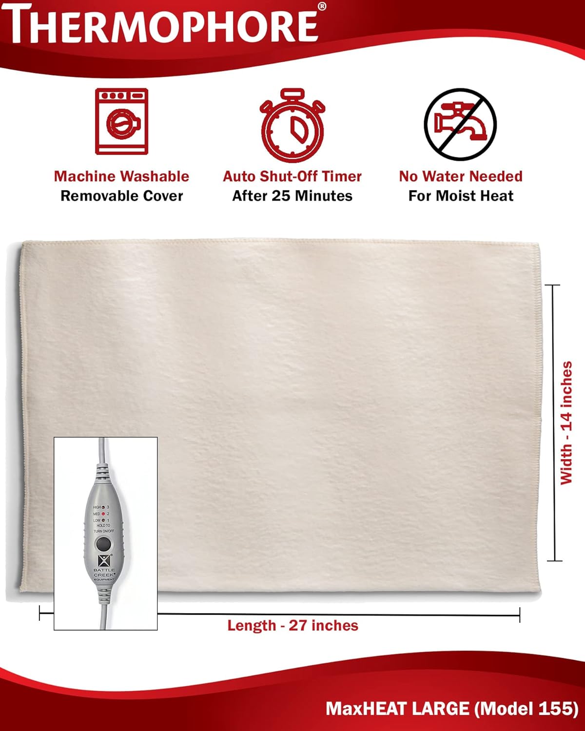 Thermophore MaxHeat Moist Heating Pad, Large 14" x 27", Model 155