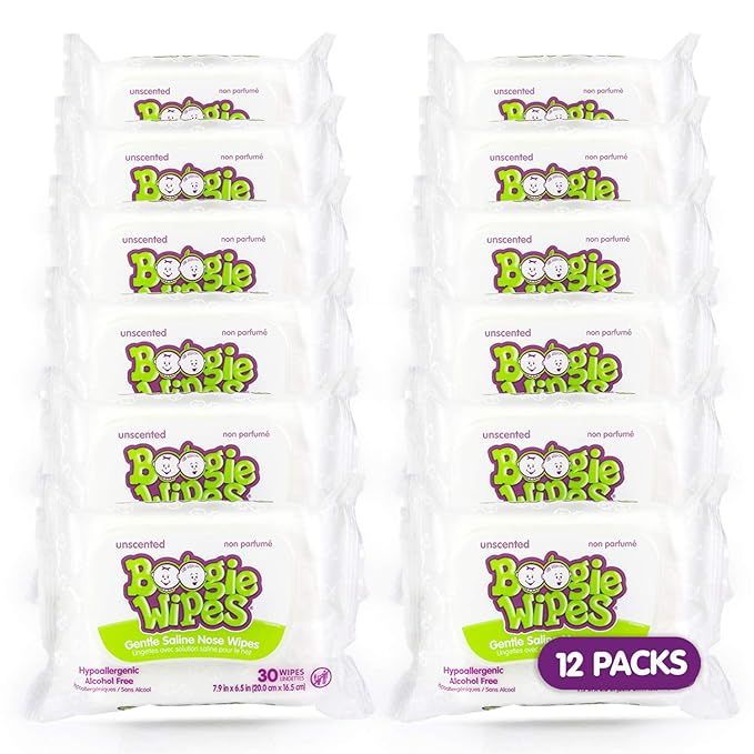 Boogie Saline Nose Wipes for Baby & Kids – Unscented, Aloe-Infused