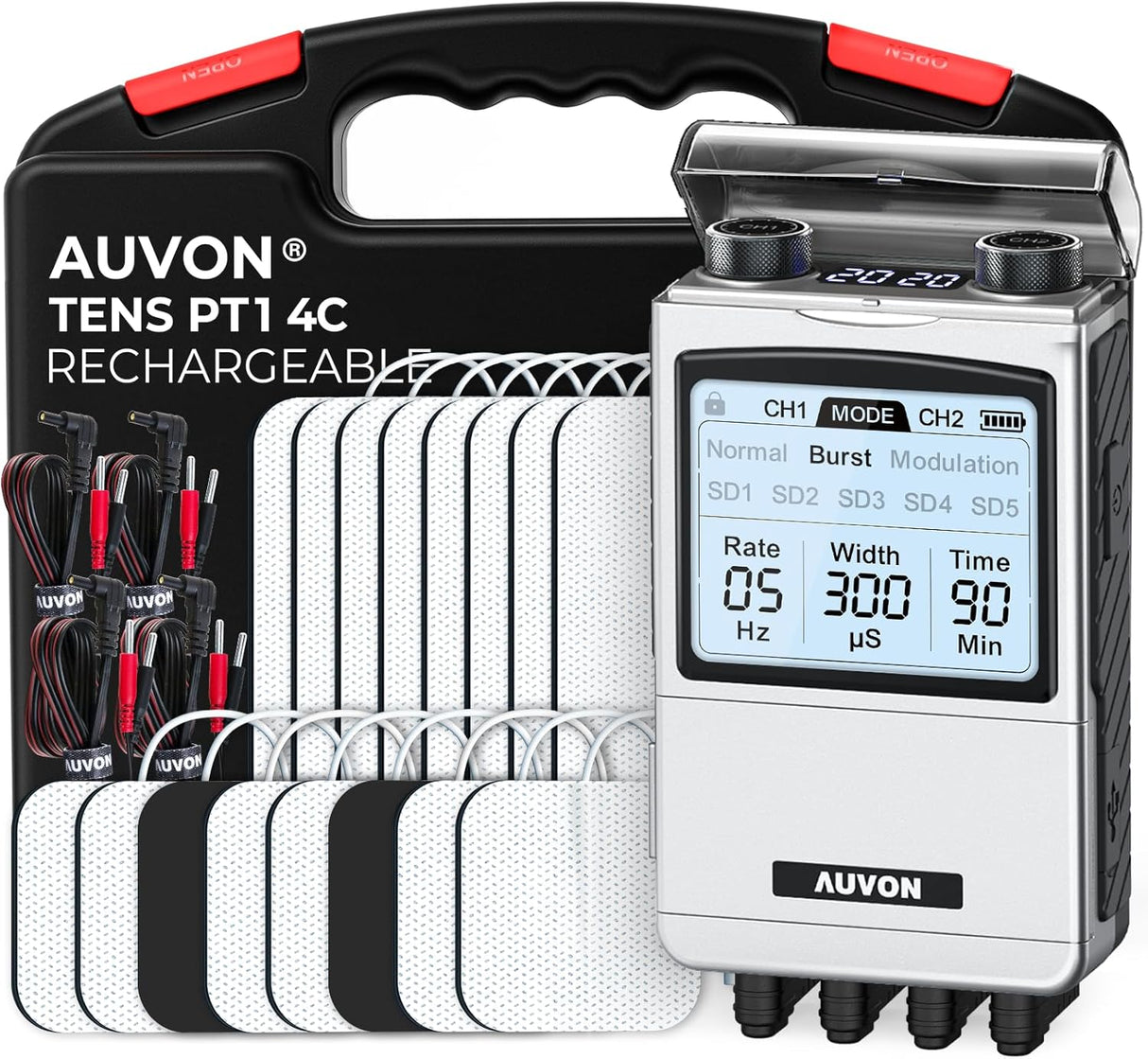 AUVON TENS Unit Muscle Stimulator - Rechargeable 4-Channel Pain Relief Device with 8 Modes & 16 Pads