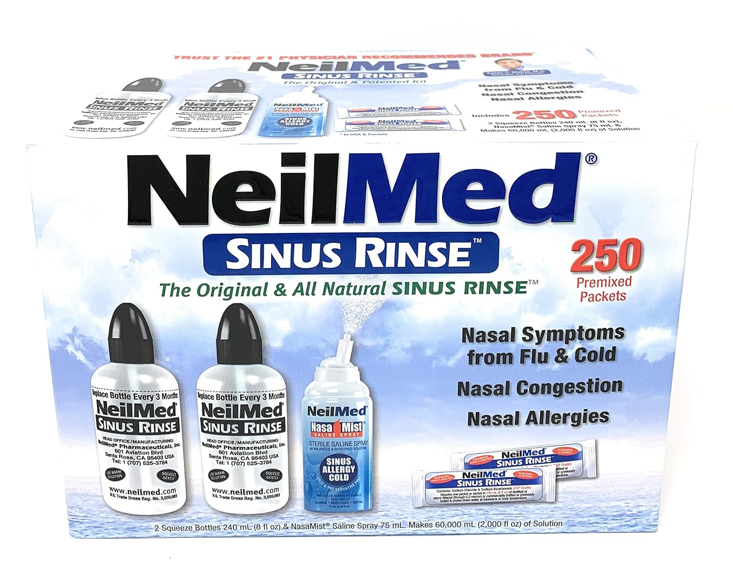 NeilMed Sinus Rinse 250パケット入り NeilMed Sinus Rinse Kit with 2 Bottles, 250 Packets + Bonus Spray