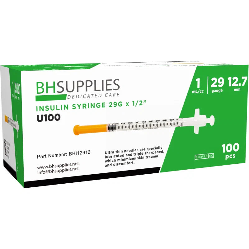 BH Supplies U-100 Insulin Syringes 29G 1cc 1/2" (12.7mm) – 100 Count
