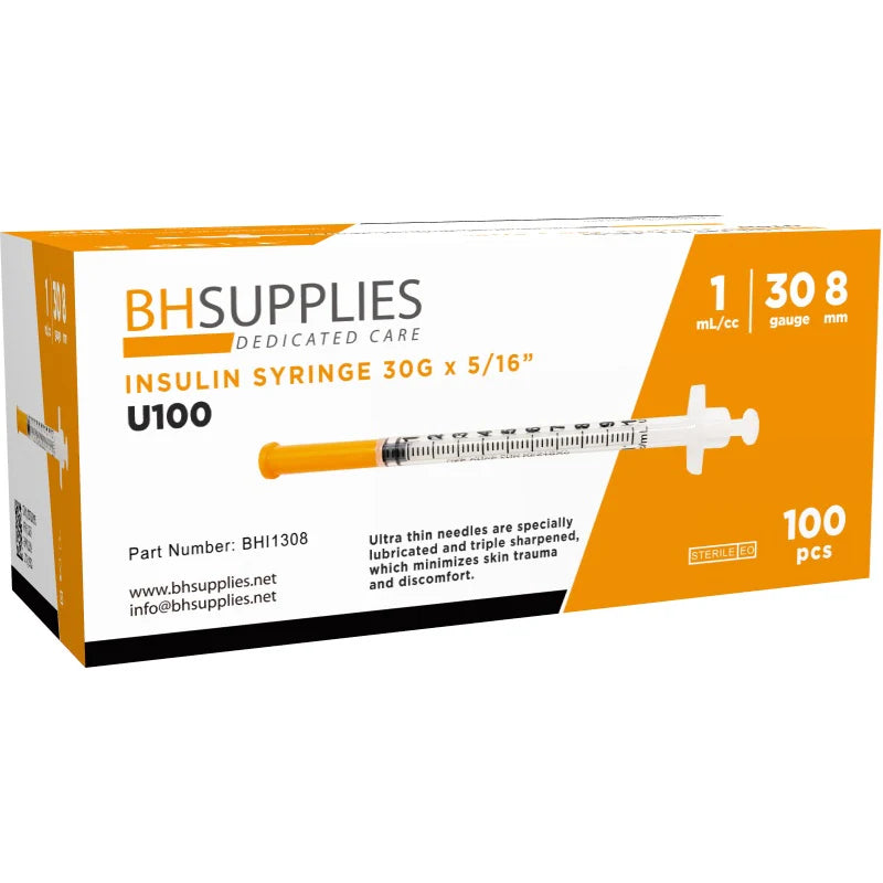 BH Supplies U-100 Insulin Syringes 30G 1cc 5/16" (8mm) – 100 Count