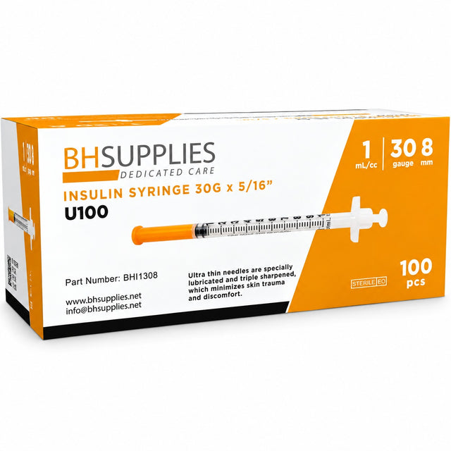 BH Supplies U-100 Insulin Syringes 30G 1cc 5/16" (8mm) – 100 Count