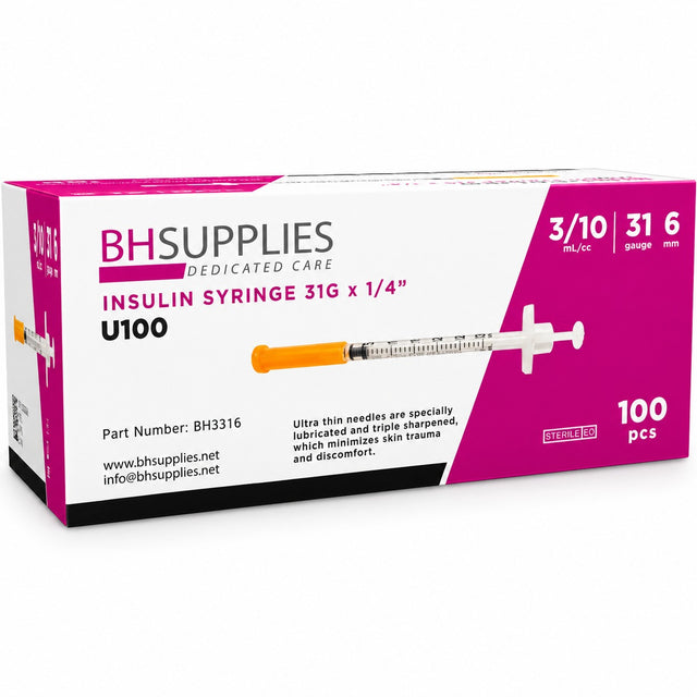 BH Supplies U-100 Insulin Syringes 31G 0.3cc 1/4" (6mm) – 100 Count