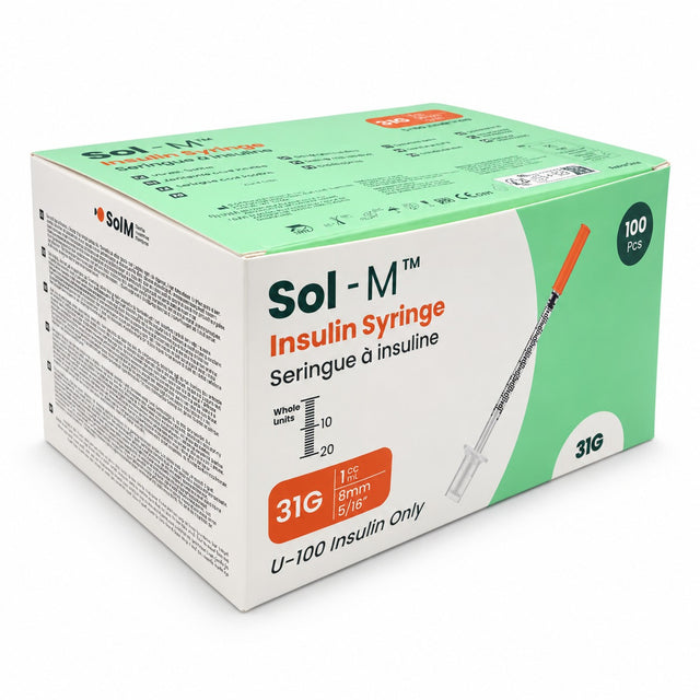 Sol-M Insulin Syringes U-100 31G 5/16" (8 mm) 0.5cc – 100 Count