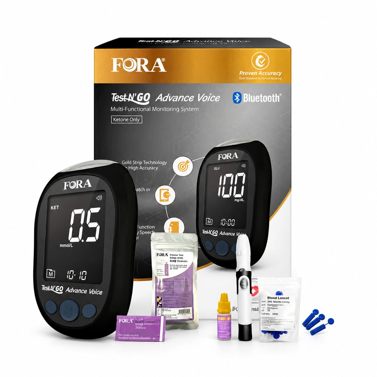 FORA Test N'Go Advance Voice Blood Ketone Testing Kit
