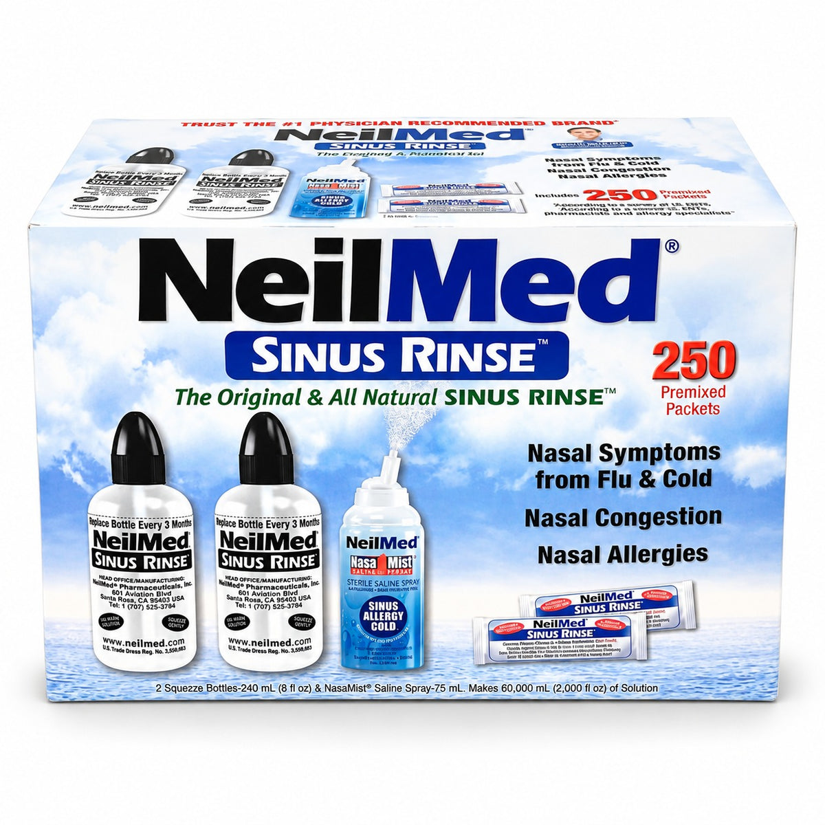 NeilMed Sinus Rinse 2-Bottle Kit + Bonus Saline Spray (250 Packets)