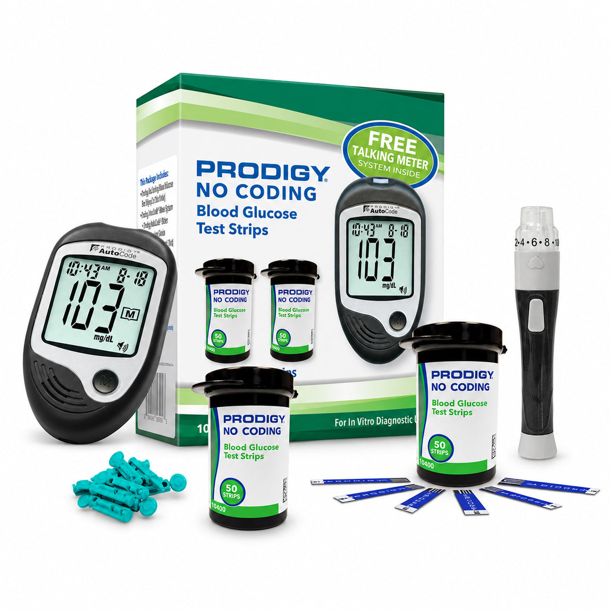 PRODIGY 10500 Talking Blood Glucose Meter Kit with 100 No-Coding Test Strips