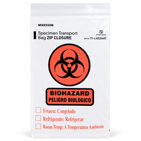 McKesson Specimen Transport Bags, Zip Closure, Biohazard Symbol, Multiple Sizes