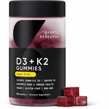 Sports Research Vegan Vitamin D3 + K2 Gummies – 5000 IU D3, MK-7 K2 60ct